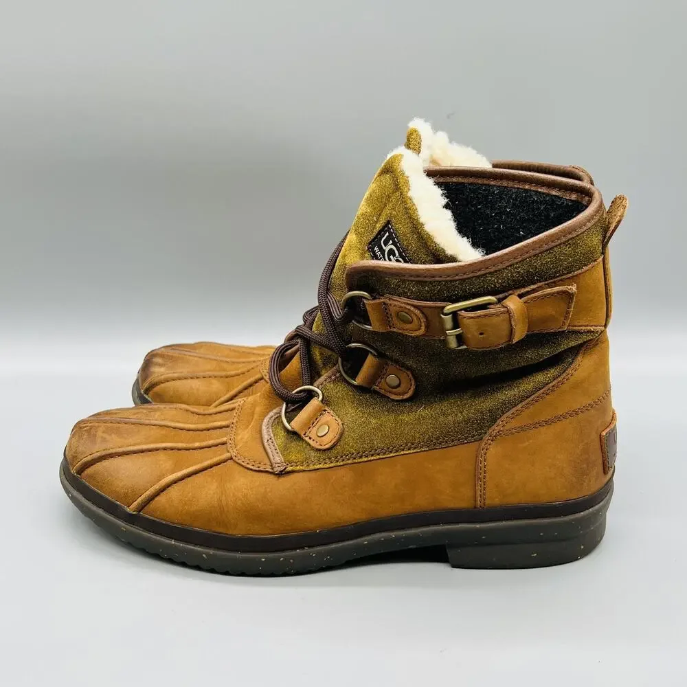 UGG Boots Womens 10 Brown Leather Waterproof Shearling Ankle Lace Up Winter